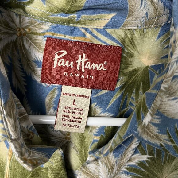 Pau Hana Hawaii Shirt Mens Large Blue Palm Tree Hawaiian Aloha Button Front - Picture 2 of 5